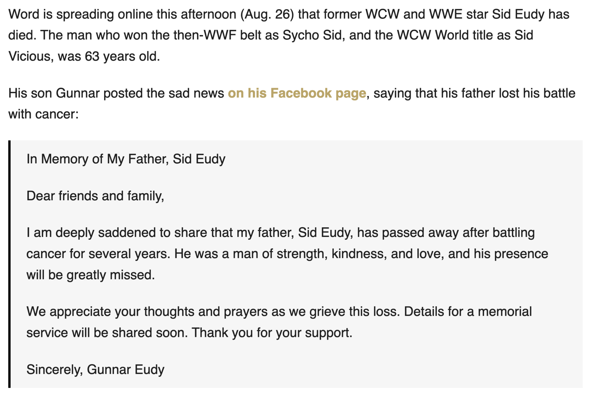 Sid Eudy, WWE, WWF, and WCW legend, dead at 63, August 26, 2025